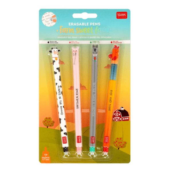 Set de 4 Bolígrafos Legami de Gel Borrable Animales de la granja
